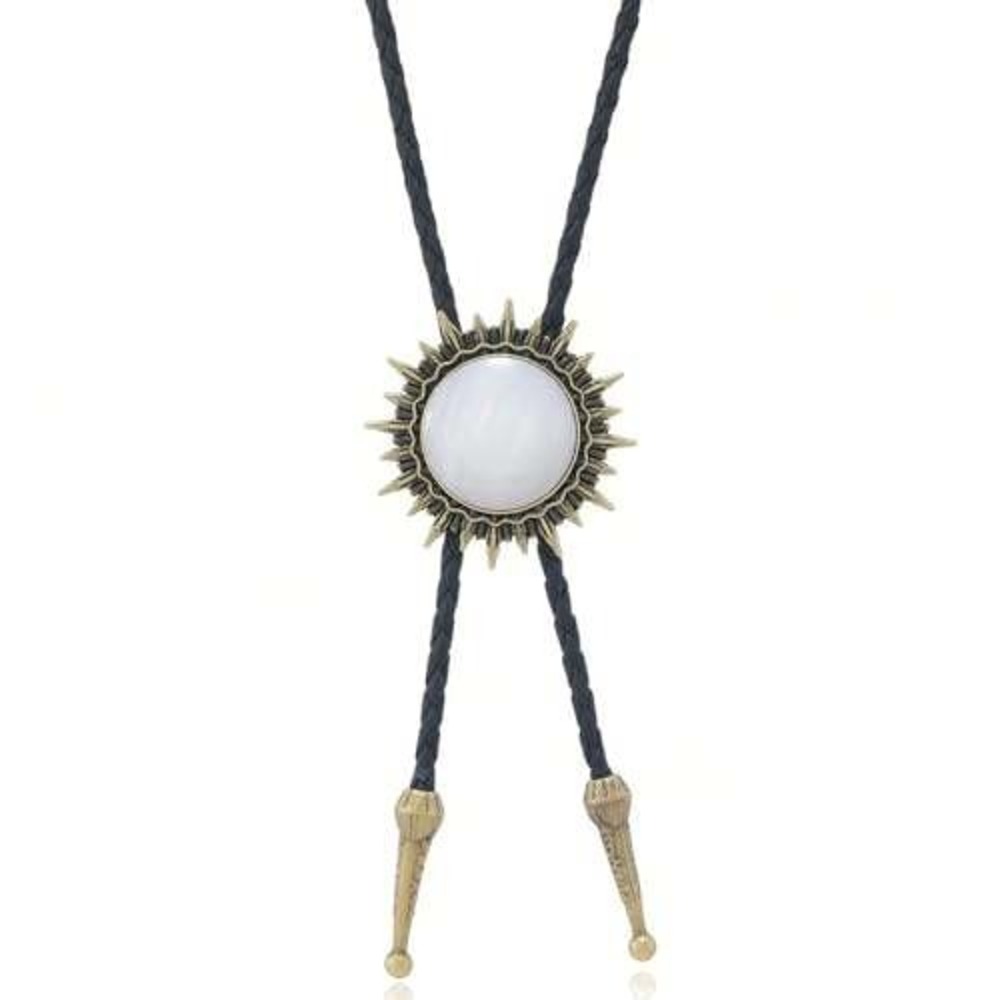 Sunburst‎ Bolo Tie Antique Gold Tone Faux Opal Moonstone Western Boho Accessory